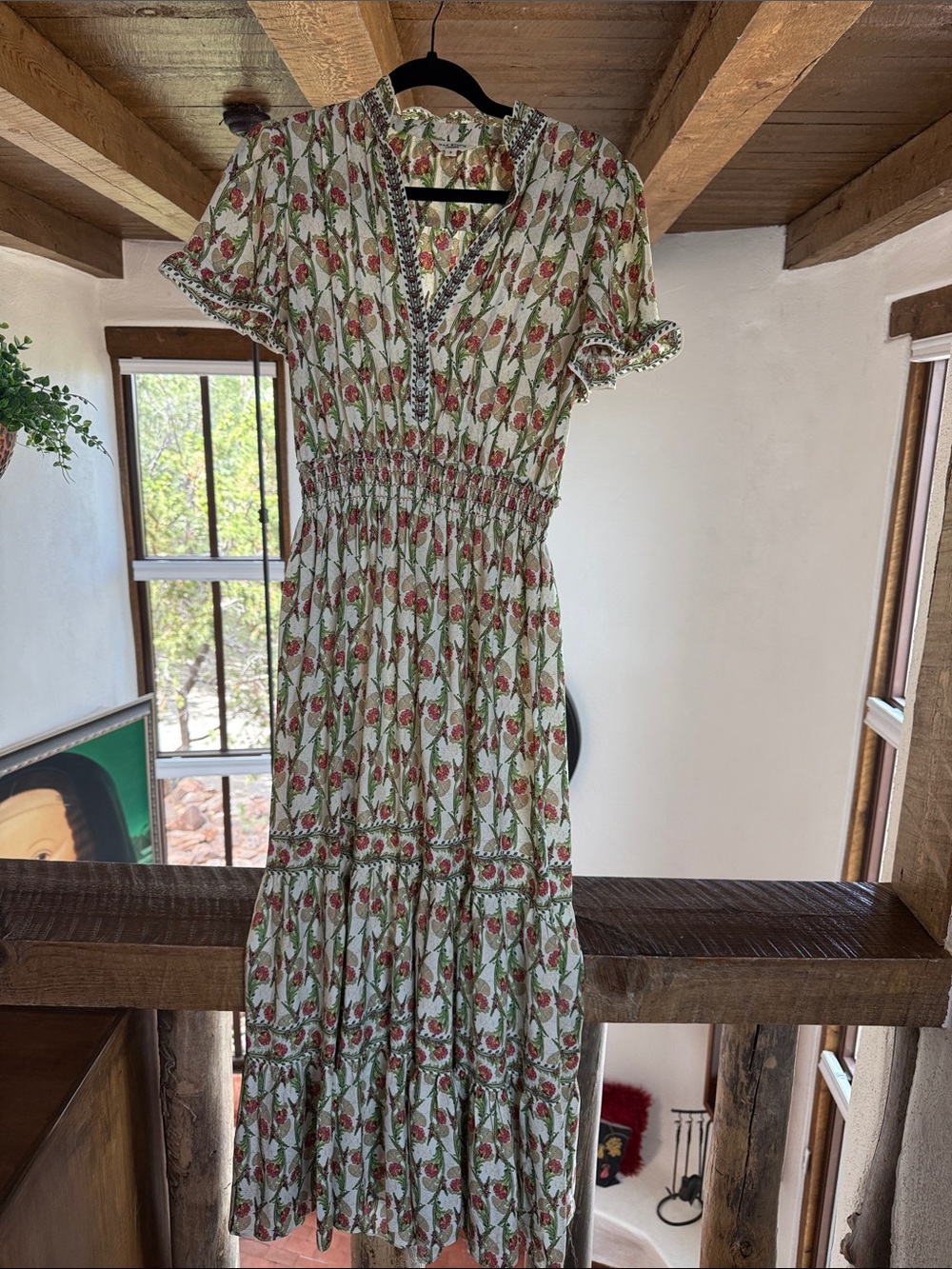 Max Studio Cream Maxi Dress with Pink and Green Floral Print